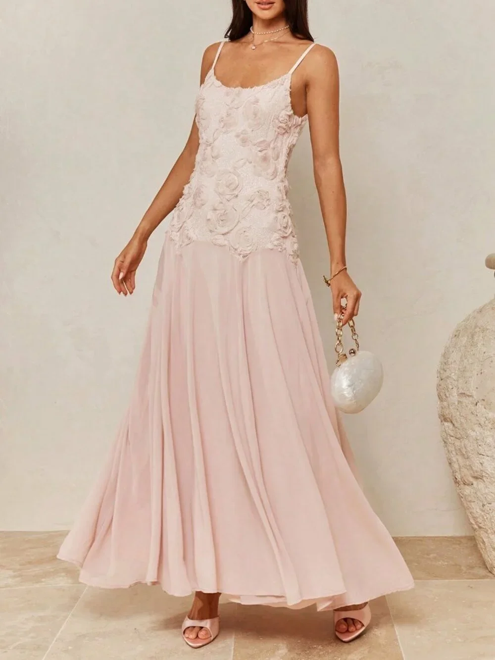 Pink Elegant Women's Floral Embroidered Camisole Mermaid Dress